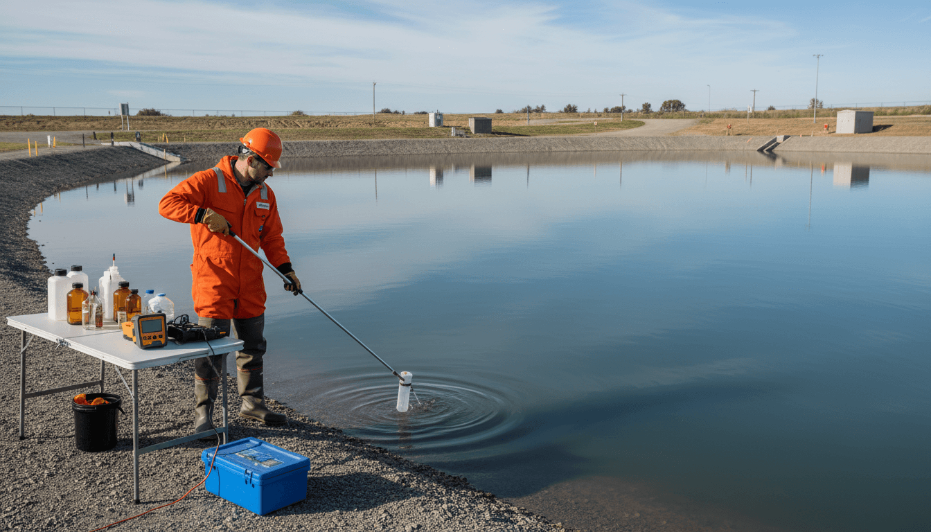 Environmental technician sampling water from retention pond using calibrated equipment during EPA compliance testing
