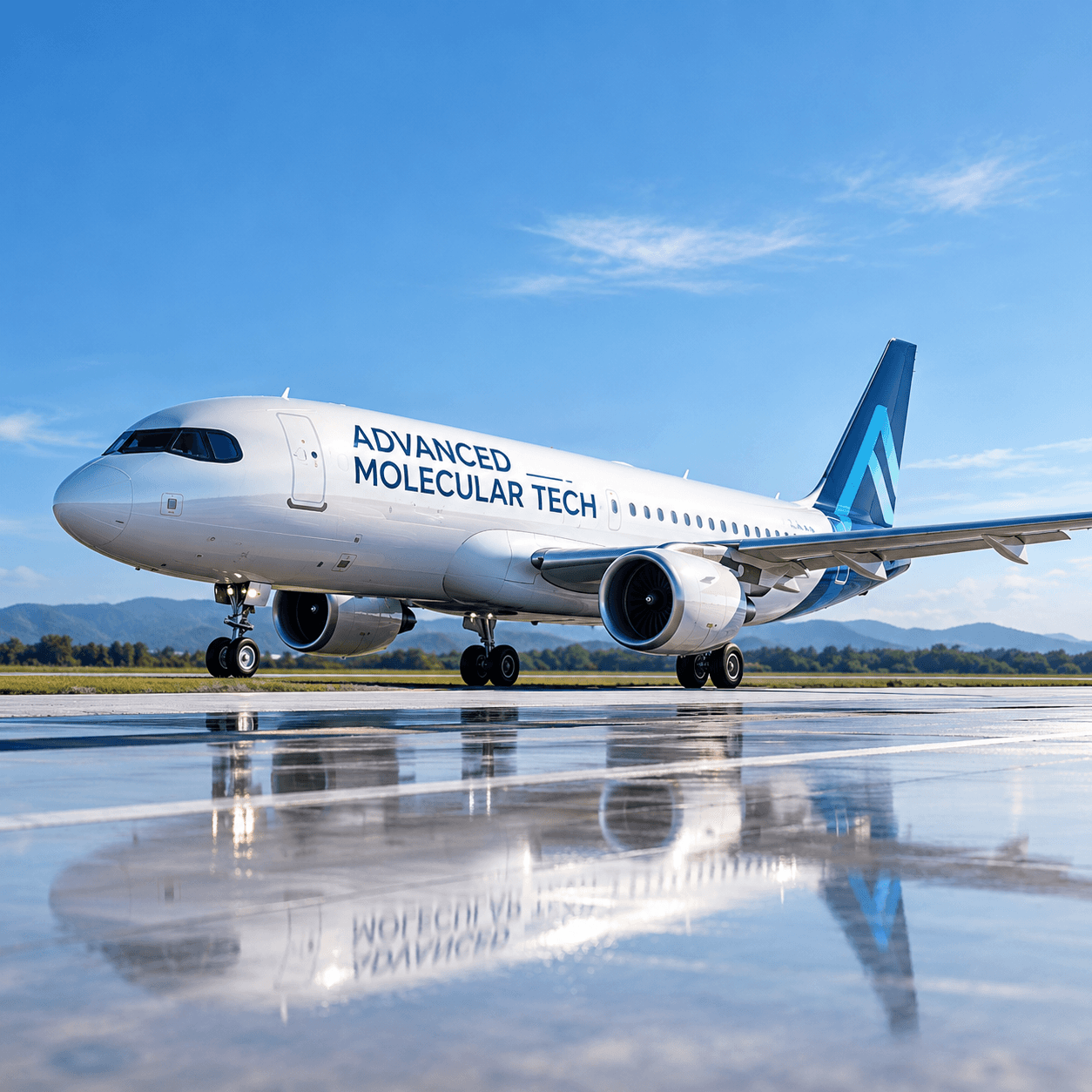 White Advanced Molecular Tech airplane reflecting on a wet runway under a blue sky.
