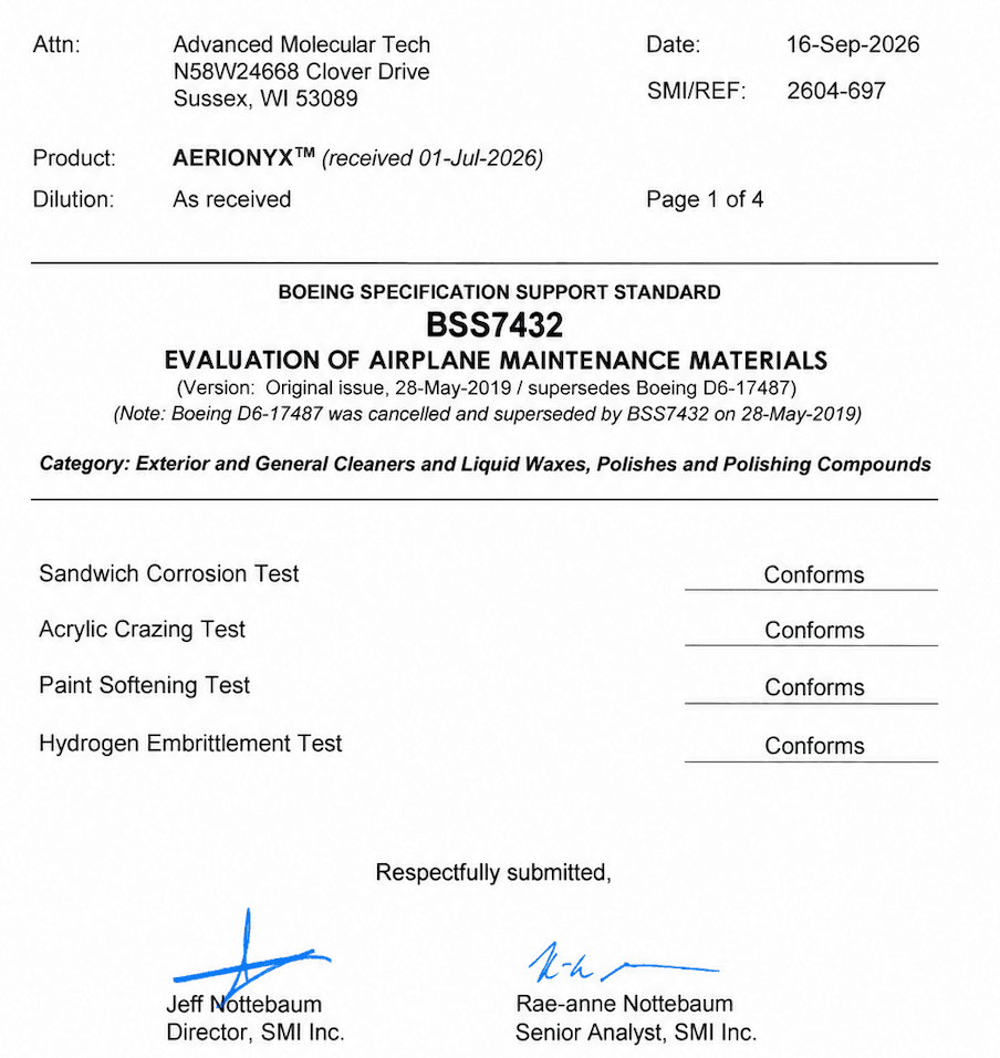 Boeing BSS7432 evaluation report for Aerionyx maintenance material showing conformance in all listed tests.
